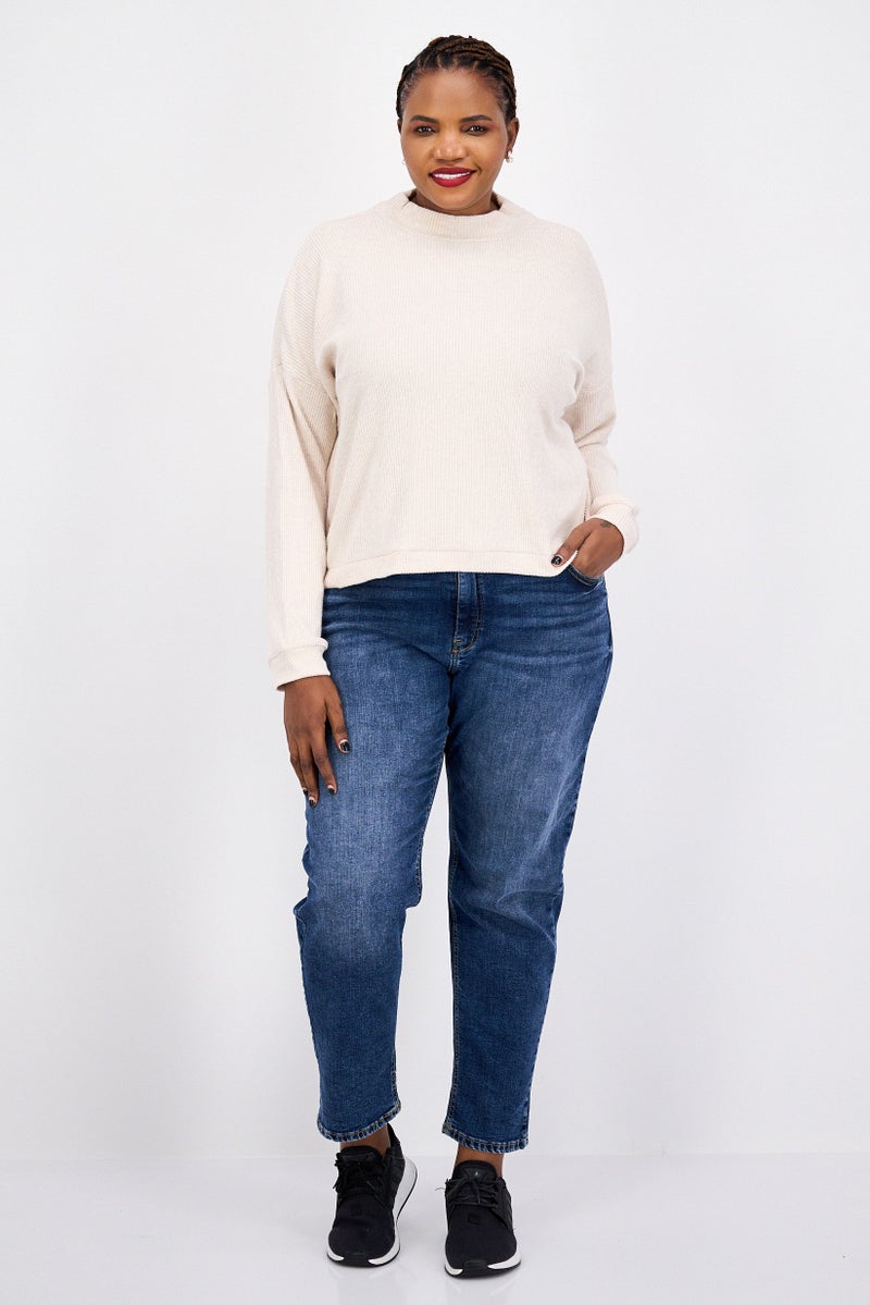 LUCKY BRAND Women Mock Neck Long Sleeves Textured Top, Beige - Image 4